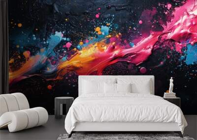 Artistic splatter paint texture with dynamic shapes and vibrant colors Wall mural