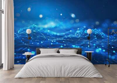 Blue abstract background with a network grid and particles connected Wall mural