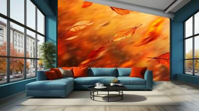 Blurred autumn leaves in motion with sharpened details on the right half, capturing fall movement. Wall mural