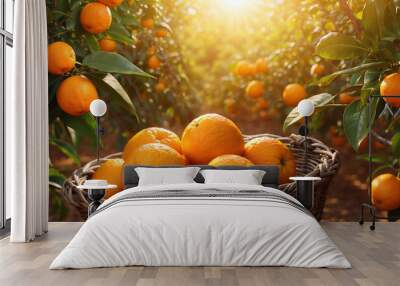 Bokeh of oranges in a basket in an orange field area with a beautiful sunrise Wall mural