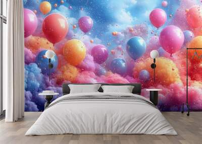 Colorful balloons floating amidst vibrant clouds, creating a whimsical atmosphere. Wall mural