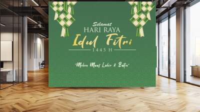 Elegant Green Eid Mubarak 2024 Template for Company Greeting Card. Selamat Idul fitri 1445 H. Vector Illustration Wall mural