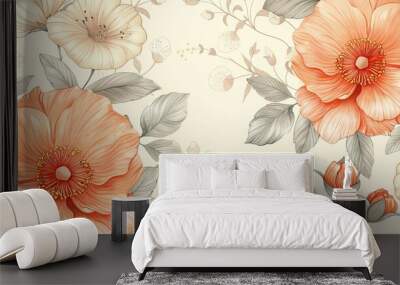 Floral pattern background with detailed, hand-drawn flowers and leaves Wall mural