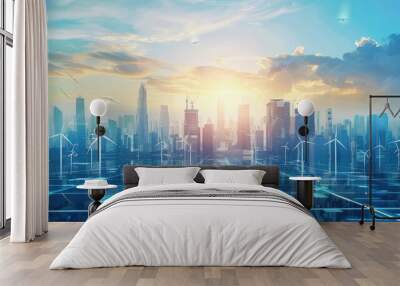 Futuristic city skyline with smart buildings and renewable energy Wall mural