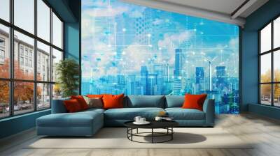 Futuristic city skyline with smart buildings and renewable energy Wall mural