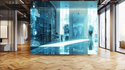 Futuristic Lobby with Digital Art and Cityscape View Wall mural