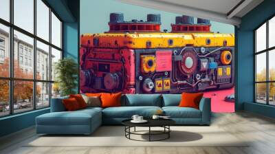 Futuristic yellow and red radio with exposed mechanics on pink background. Wall mural