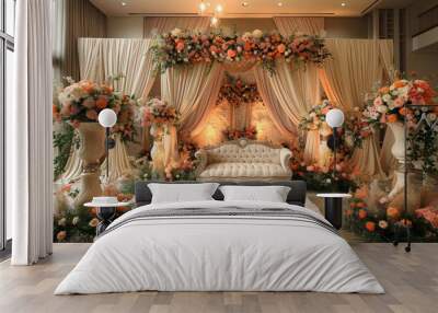 Garden wedding stage with cascading flowers and classic luxury settings Wall mural