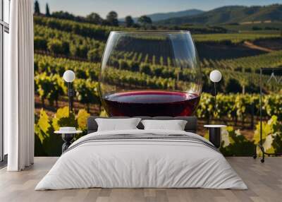 glass of red wine in transparent glass with view of vineyards Wall mural