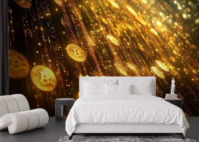 Golden Bitcoin Coins Falling Through Glittering Light Wall mural