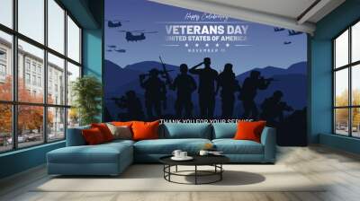 Happy Veterans Day 2024 Design Concept. US Armed Forces Silhouette on the Beautiful Valley.  Honoring All Who Served. Veterans Day Celebration November 11 Background, Banner, Template, Poster. Wall mural