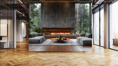 Modern interior with fireplace in house near forest Wall mural