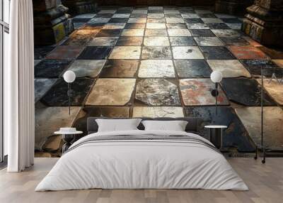 Pattern of black and white checkerboard floor tiles Wall mural