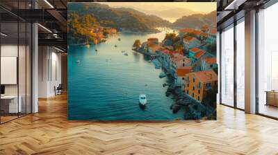 Picturesque coastal town with colorful houses and a calm sea, early morning light Wall mural