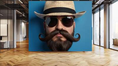 Portrait of a man face wearing hat, black sunglasses and mustache on blue background. Wall mural