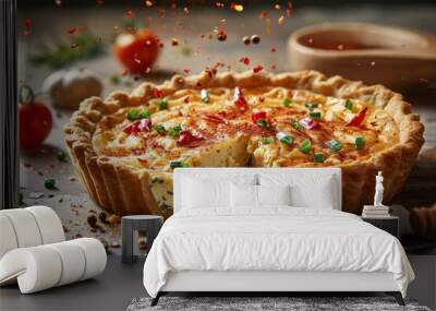 Quiche slices and ingredients flying in a savory burst Wall mural