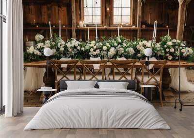 Rustic barn wedding with elegant wooden chairs and a flower backdrop Wall mural