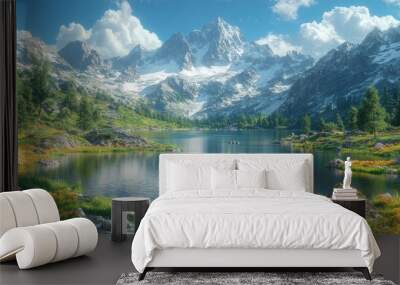 Serene mountain landscape with a tranquil lake and vibrant flora. Wall mural