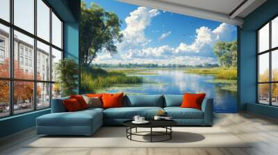 Serene wetland landscape with lush greenery and tranquil water. Wall mural