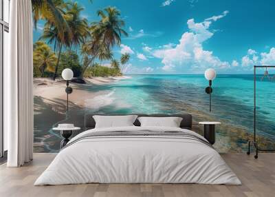 Tranquil beach with palm trees and turquoise waters, tropical paradise Wall mural