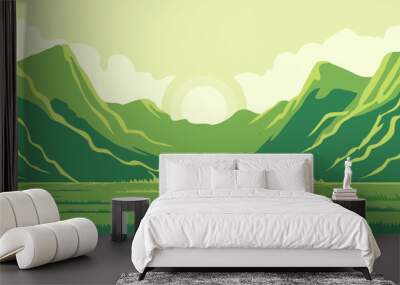 vector plantation design with green meadows on beautiful mountains background Wall mural