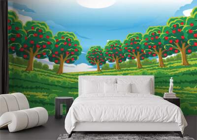 view of apple orchard growing on grass in clear sky Wall mural