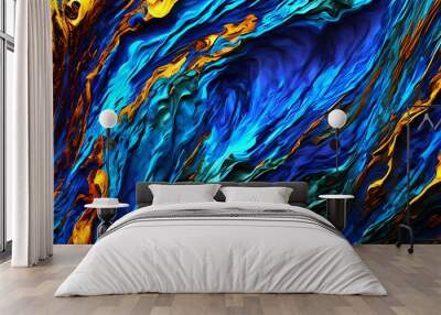 Abstract liquid blue dark background. Pattern with abstract frozen, gold and dark waves. Marble. Wall mural