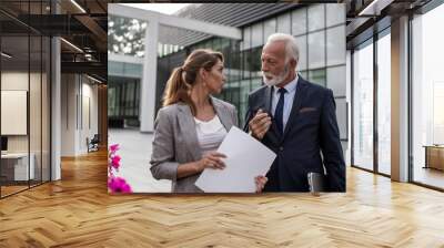 Business people talking about project in front of office building Wall mural