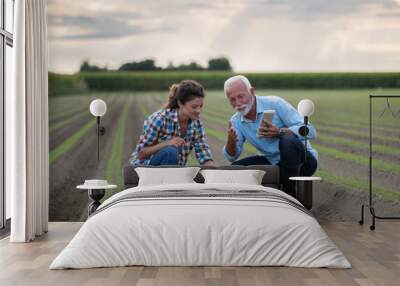 Farmers checking carrot growth in field Wall mural