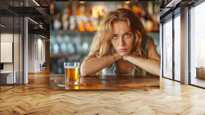 Portrait of pretty unhappy girl with problems sitting in bar with two glasses of alcohol. Generative AI Wall mural