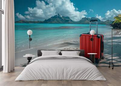 Red suitcase standing on white sand on beautiful Bora Bora beach. Generative AI Wall mural