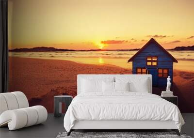 Miniature model of a wooden house on the coast, the concept of real estate by the sea. Generative AI. Wall mural