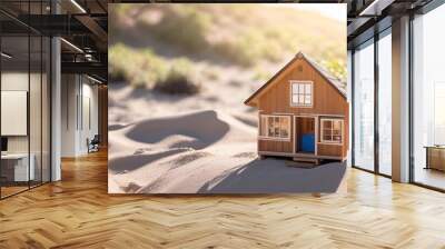 Miniature model of a wooden house on the coast, the concept of real estate by the sea. Generative AI. Wall mural