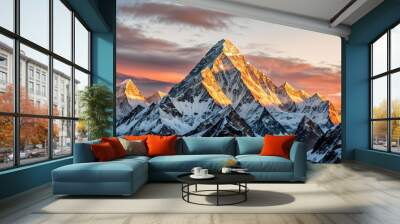 Mountain peak of the tibetan snow-capped mountains, a beautiful panorama of the mountains at sunset of the day, generative ai. Wall mural