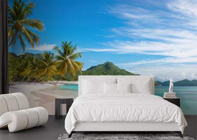 Paradise beach of a tropical island, palm trees, white sand, azure water, Generative AI. Wall mural