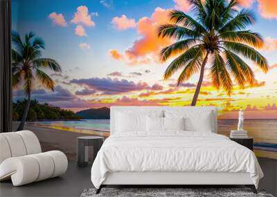 Paradise beach of a tropical island, palm trees, white sand, azure water. Famous stone beach in the Seychelles. Generative AI. Wall mural