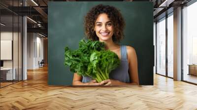 Woman have fun holding gluten-free organic green vegetable. Healthy nutrition. Generative AI. Wall mural