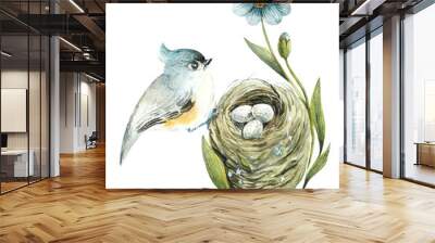 Bird on a nest. Pattern with bird and eggs. Watercolor hand drawn illustration Wall mural