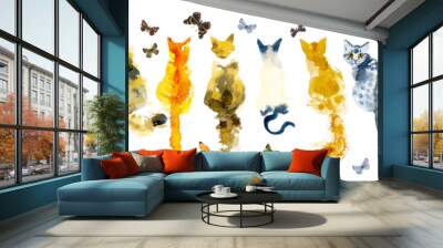 Cats and butterflies. Seamless border stripe. Watercolor hand drawn illustration Wall mural