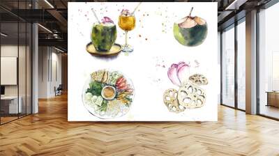 Food and drink from Thailand. Watercolor hand drawn illustration. Sketch style. Wall mural