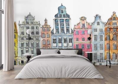 Multi-colored retro and vintage old-fashioned houses. Amsterdam. Watercolor hand drawing illustration Wall mural