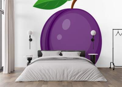 Colorful juicy plum with green leaf vector illustration isolated Wall mural