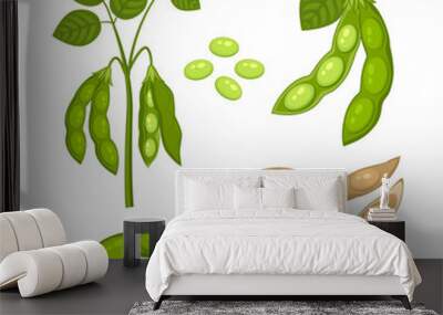 Set of Soy bean plant with ripe pods and green leaves, whole and half green and dry brown pods, soy seeds isolated on white background. Bush of legume plant in a cartoon flat style. Wall mural