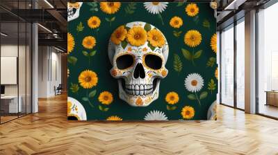 Day of the Dead sugar skull surrounded by vibrant marigold and daisy flowers Wall mural