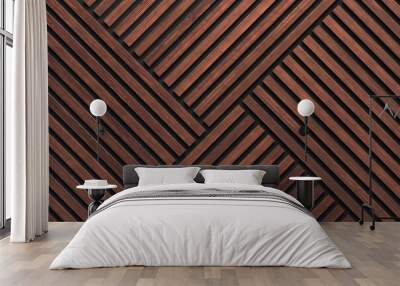 A wall of wooden slats in the color of dark wood with a pattern of wall panels in the background Wall mural