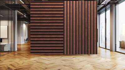 A wall of wooden slats in the color of dark wood with a pattern of wall panels in the background Wall mural