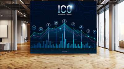 ICO, Initial Coin Offering. Digital electronic binary money financial concept. Bitcoin currency exchange on fin tech virtual screen interface, statistic graph and chart for investment. Wall mural