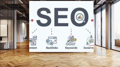 SEO search engine optimization banner web icon for business and marketing, traffic, ranking, optimization, link and keyword. Minimal vector infographic. Wall mural