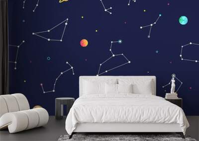 Zodiac seamless pattern with shining stars, constellations, planets, meteorites. Dark Blue background. Wall mural