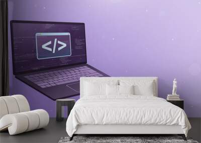 Open laptop with coding icon logo on screen 3d Wall mural